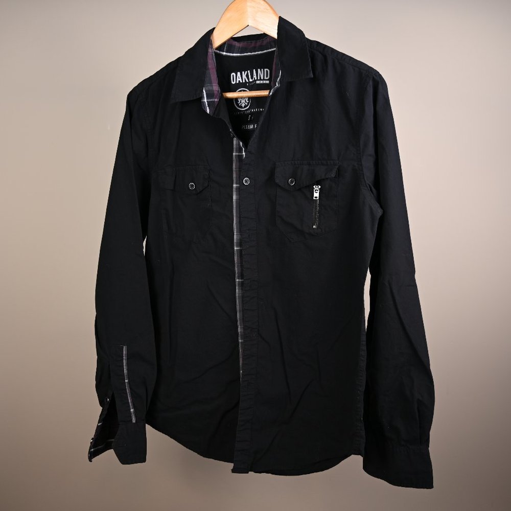 Men's Long Sleeve Button Front Shirt - Black with plaid details